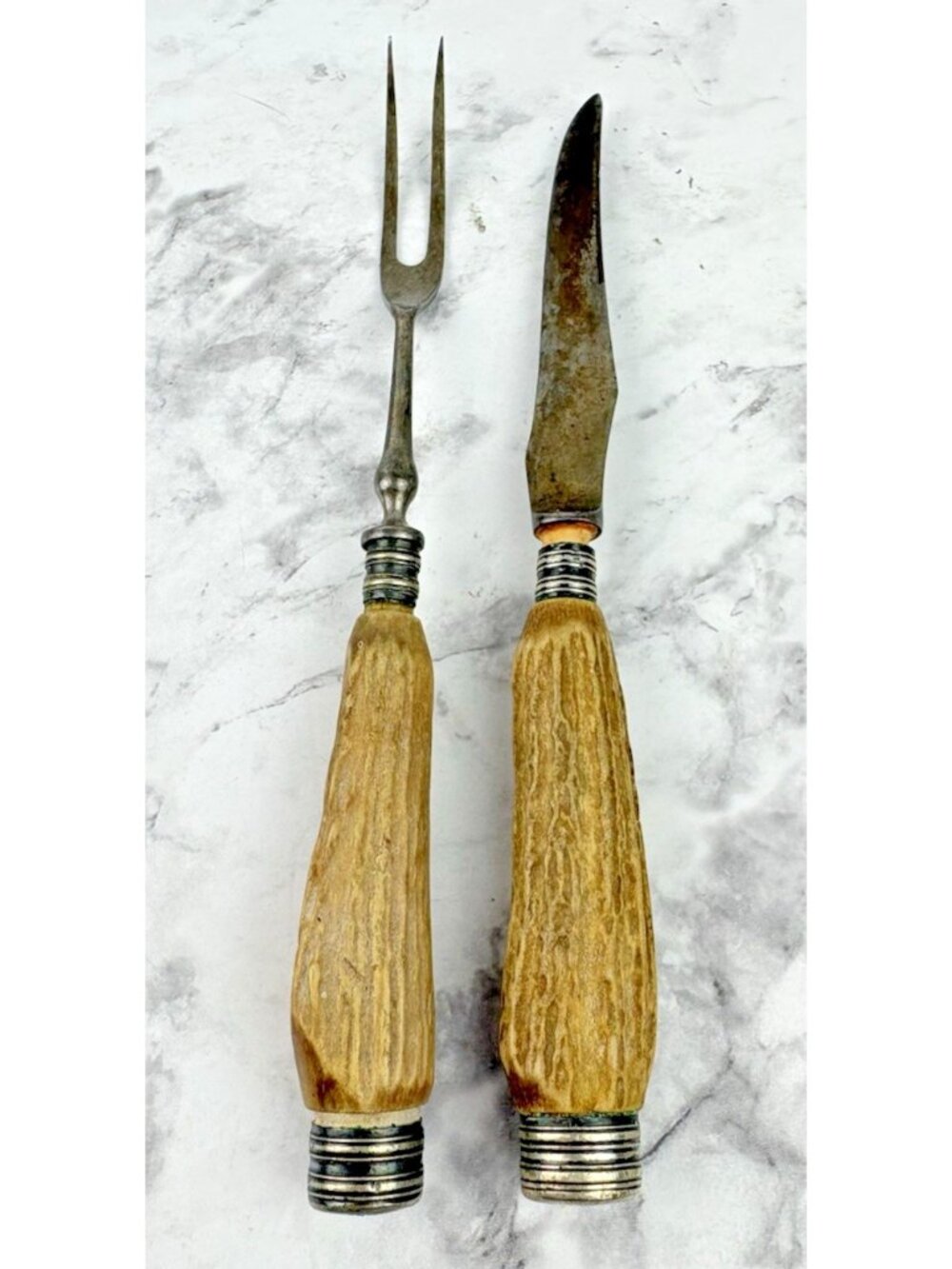 *Antique Stag Antler Handle Carving Set Knife & Fork